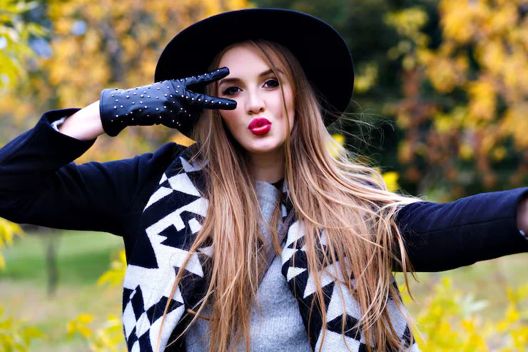 close up portrait magnificent lady black hat fooling around autumn photo shoot funny young lady elegant gloves spending time park september day 291049 1587